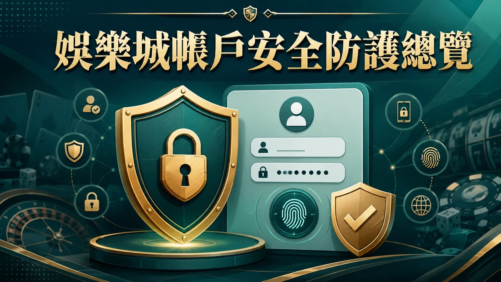 娛樂城帳戶安全防護重點視覺呈現，包含密碼與雙重驗證概念