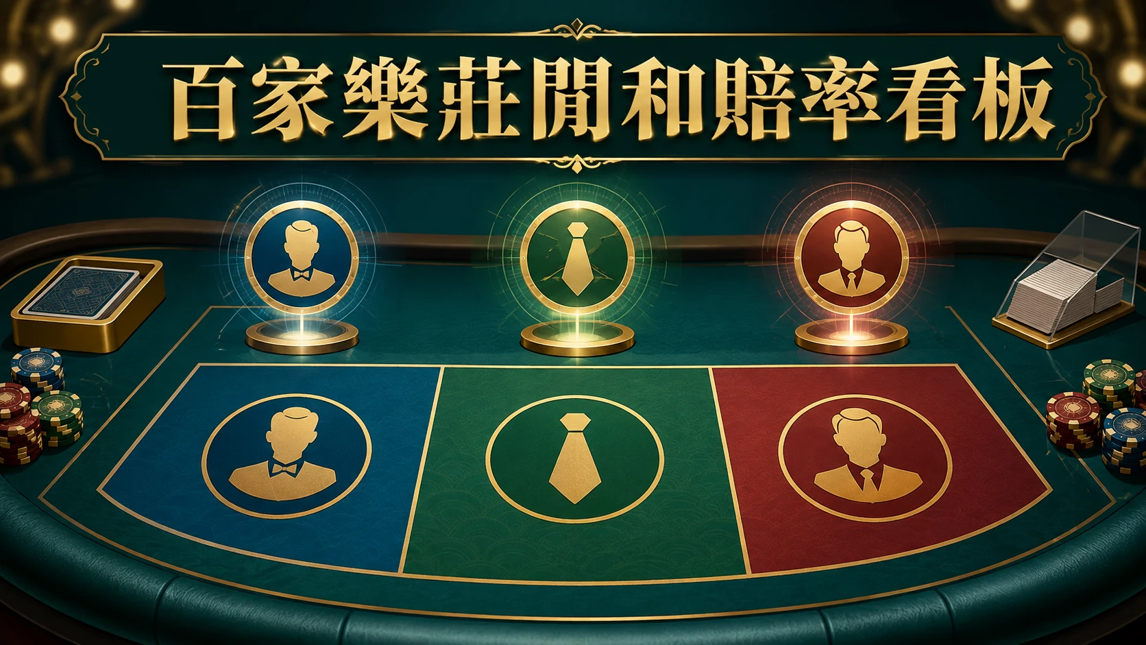 百家樂牌桌上莊閒和三種下注區域與賠率標示
