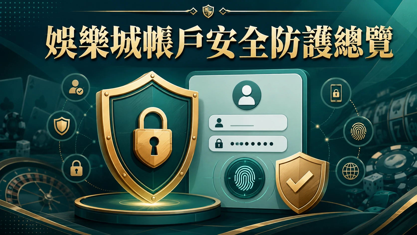 娛樂城帳戶安全防護重點視覺呈現，包含密碼與雙重驗證概念