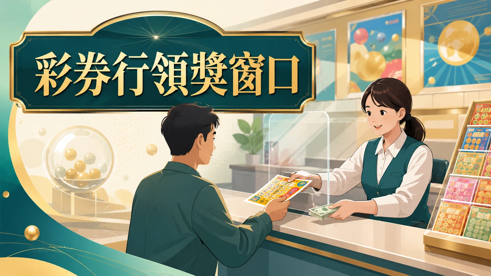 彩券行領獎窗口與今彩539彩券示意畫面