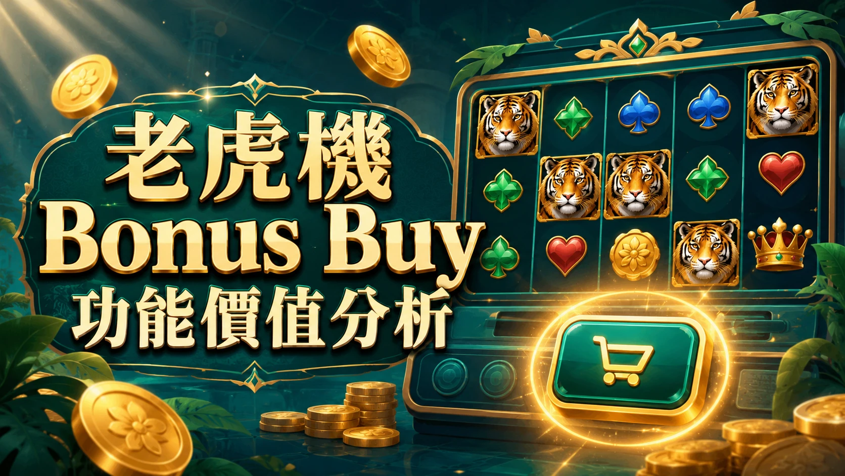 老虎機遊戲畫面顯示Bonus Buy購買選項與金幣特效